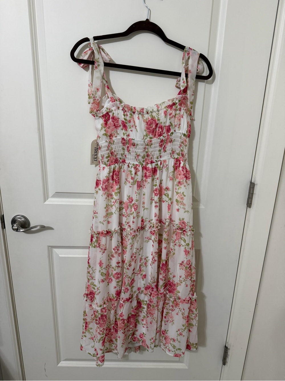 Trixxi White Sundress with Pink Rose and Green Leaf Print